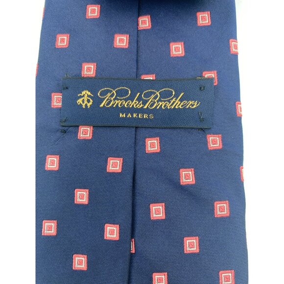 Brooks Brothers Mens Silk Tie Navy Blue Pink White Geometric Pattern Classic - Picture 6 of 6